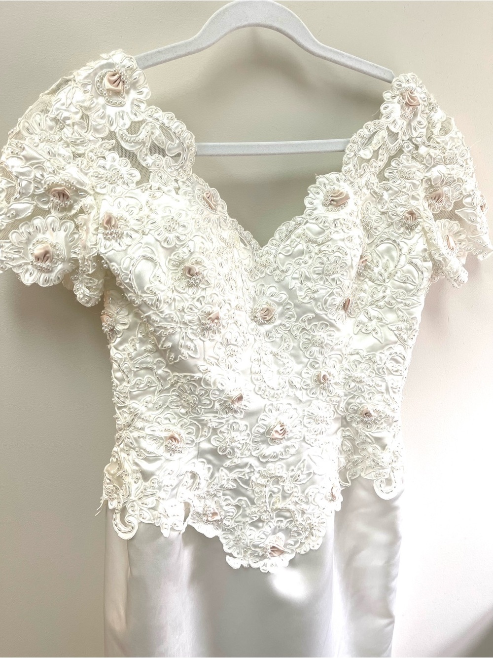 Demetrios Light Ivory  Beaded Lace Bodice Wedding Gown with Pale Blush Accents